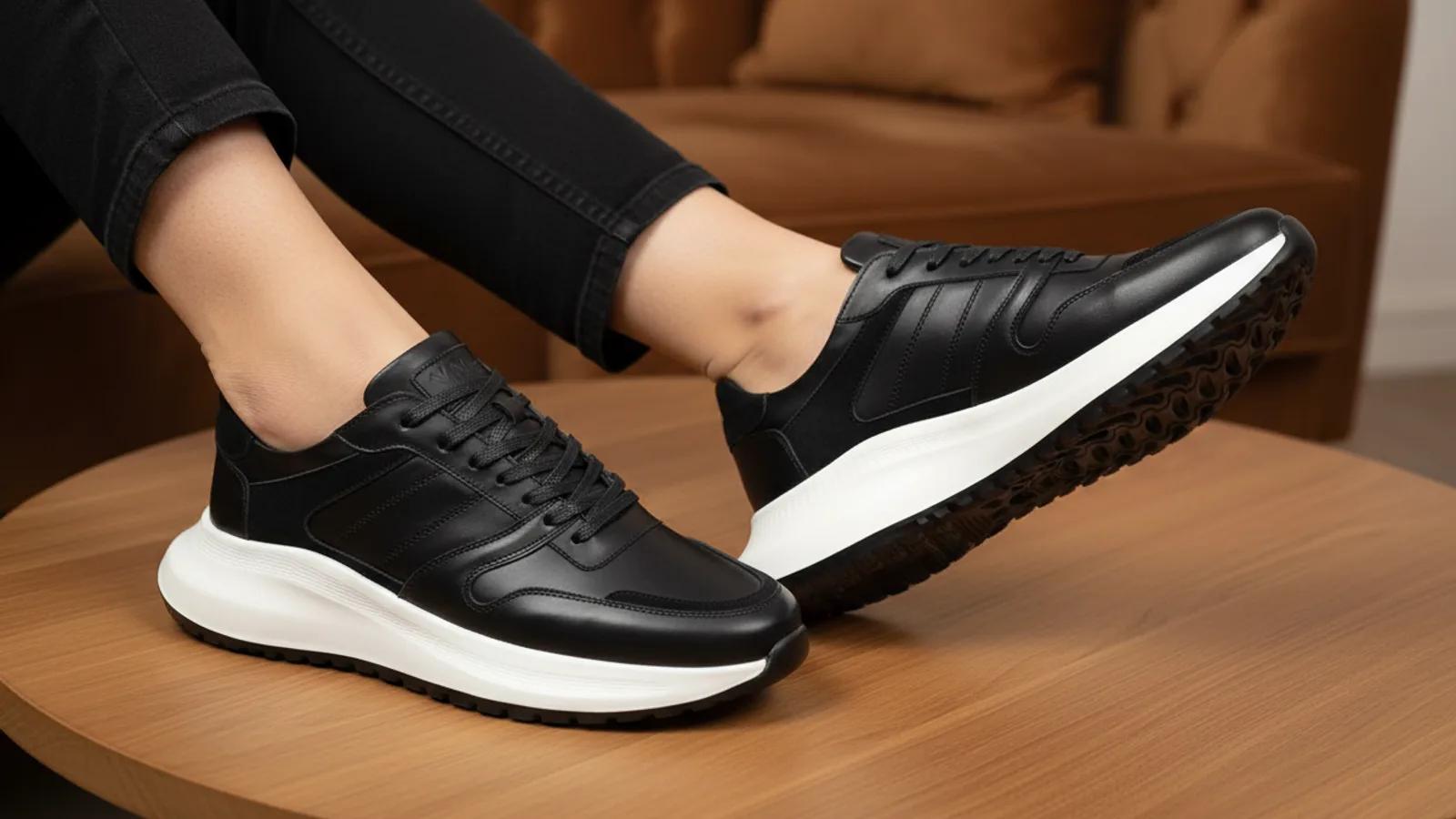 Tenis de cuero negro de Santo puestos, en un ambiente interior